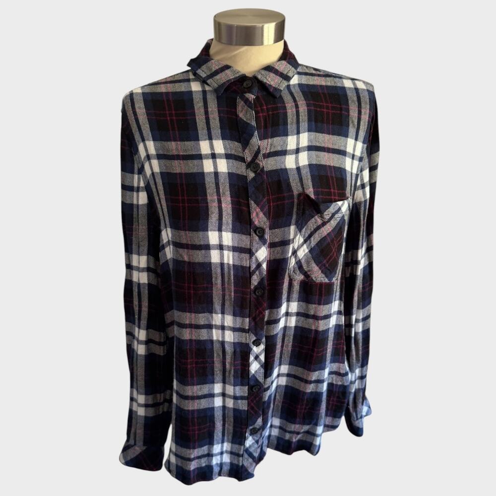 bll BeachLunchLounge Button Front Plaid Shirt Medium Blue White Rayon